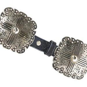 Angel Ranch Ladies Black Floral Embossed Leather Belt with Antique Silver Tone Square Conchos, Removable Buckle, Small