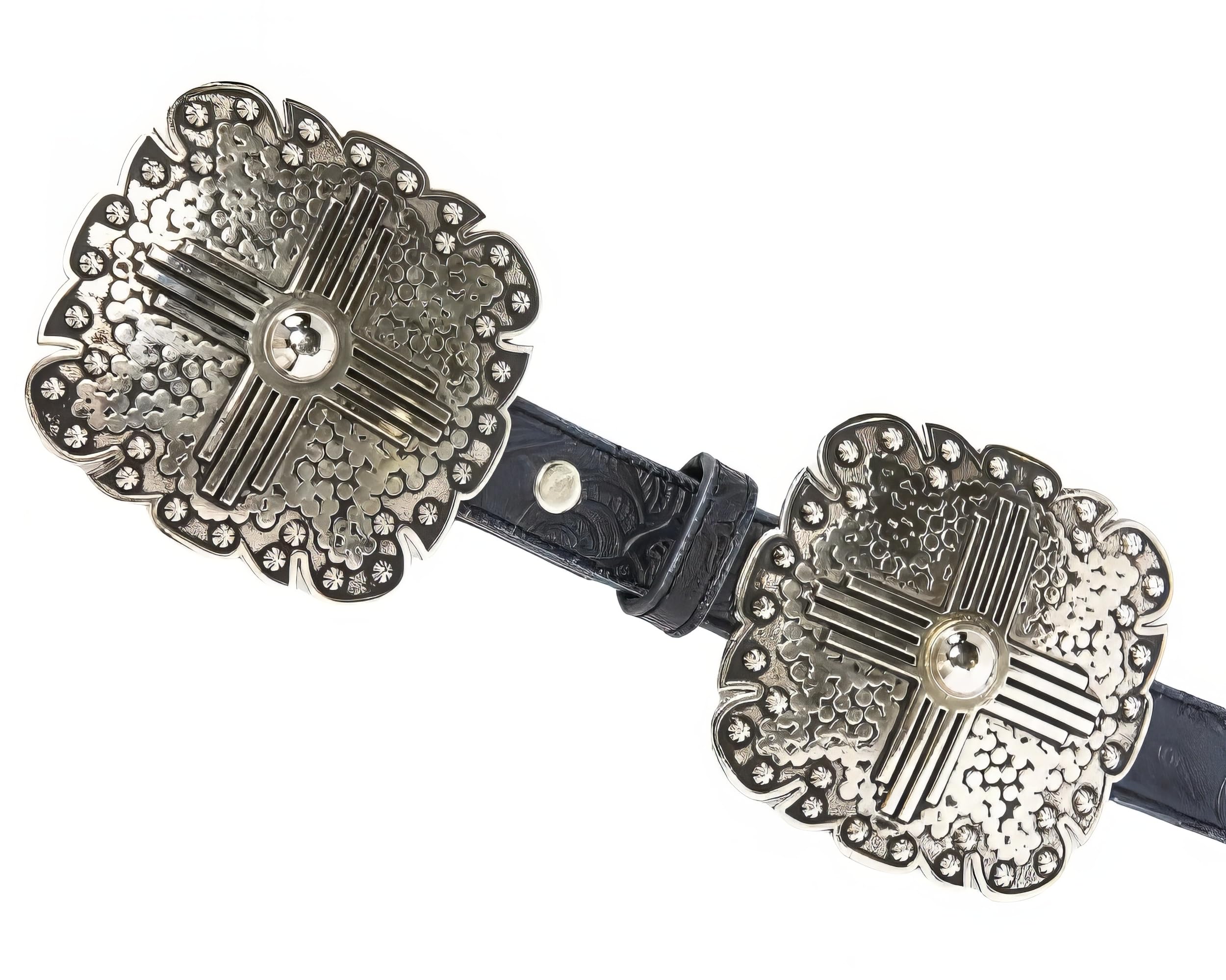 Angel Ranch Ladies Black Floral Embossed Leather Belt with Antique Silver Tone Square Conchos, Removable Buckle, Small