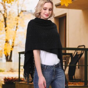 Knit Shawl Wrap for Women - Soul Young Ladies Fringe Knitted Poncho Blanket Cardigan Cape(One Size,Black)