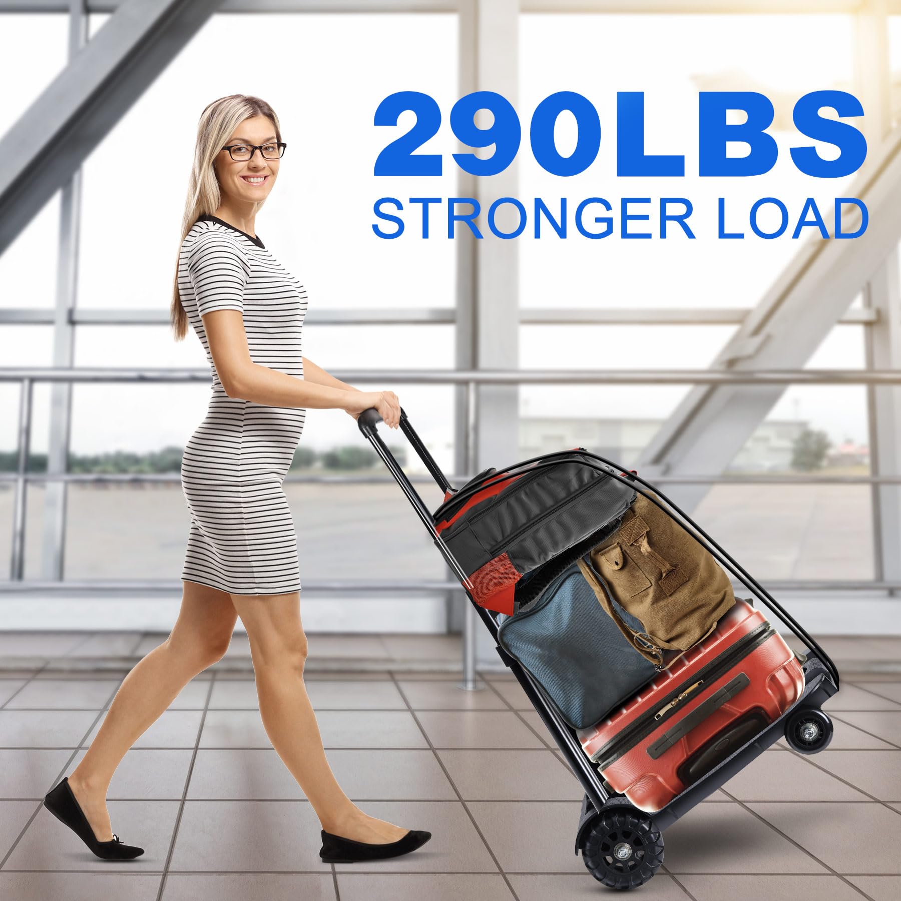 ROYI Folding Hand Truck,290lbs Heavy Duty Luggage Cart with Elastic Bungee Rope,4 Wheels Solid Construction Fold Up Dolly Compact Lightweight Utility Cart for Luggage Travel Shopping Moving Office Use