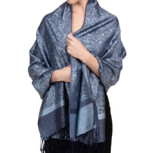 Achillea Two Tone Vintage Jacquard Paisley Pashmina Shawl Wrap Scarf (Steel Blue)