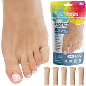 zentoes 5 pack toe caps closed toe fabric sleeve protectors with gel lining, prevent corn, callus and blister development between toes, soften and soothe the skin (size small)