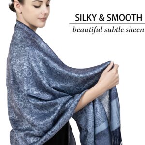 Achillea Two Tone Vintage Jacquard Paisley Pashmina Shawl Wrap Scarf (Steel Blue)