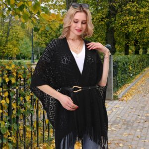 Knit Shawl Wrap for Women - Soul Young Ladies Fringe Knitted Poncho Blanket Cardigan Cape(One Size,Black)