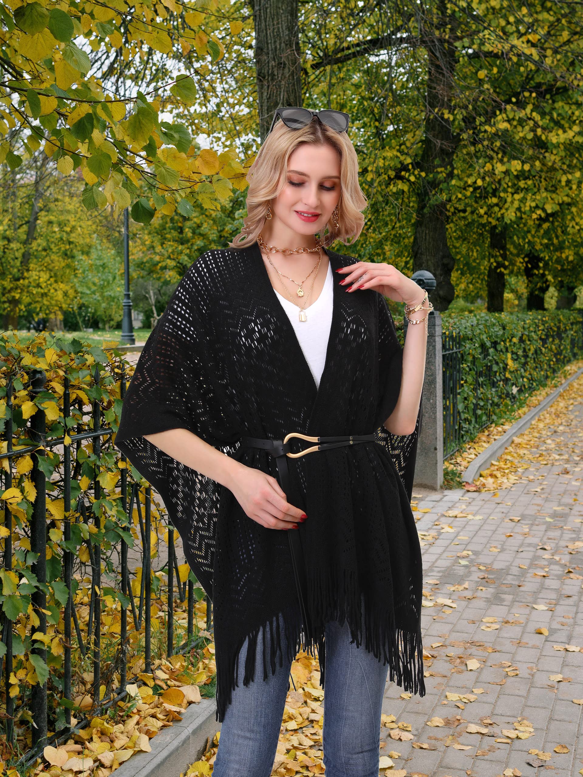 Knit Shawl Wrap for Women - Soul Young Ladies Fringe Knitted Poncho Blanket Cardigan Cape(One Size,Black)