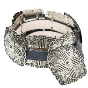 angel ranch ladies black floral embossed leather belt with antique silver tone square conchos, removable buckle, small