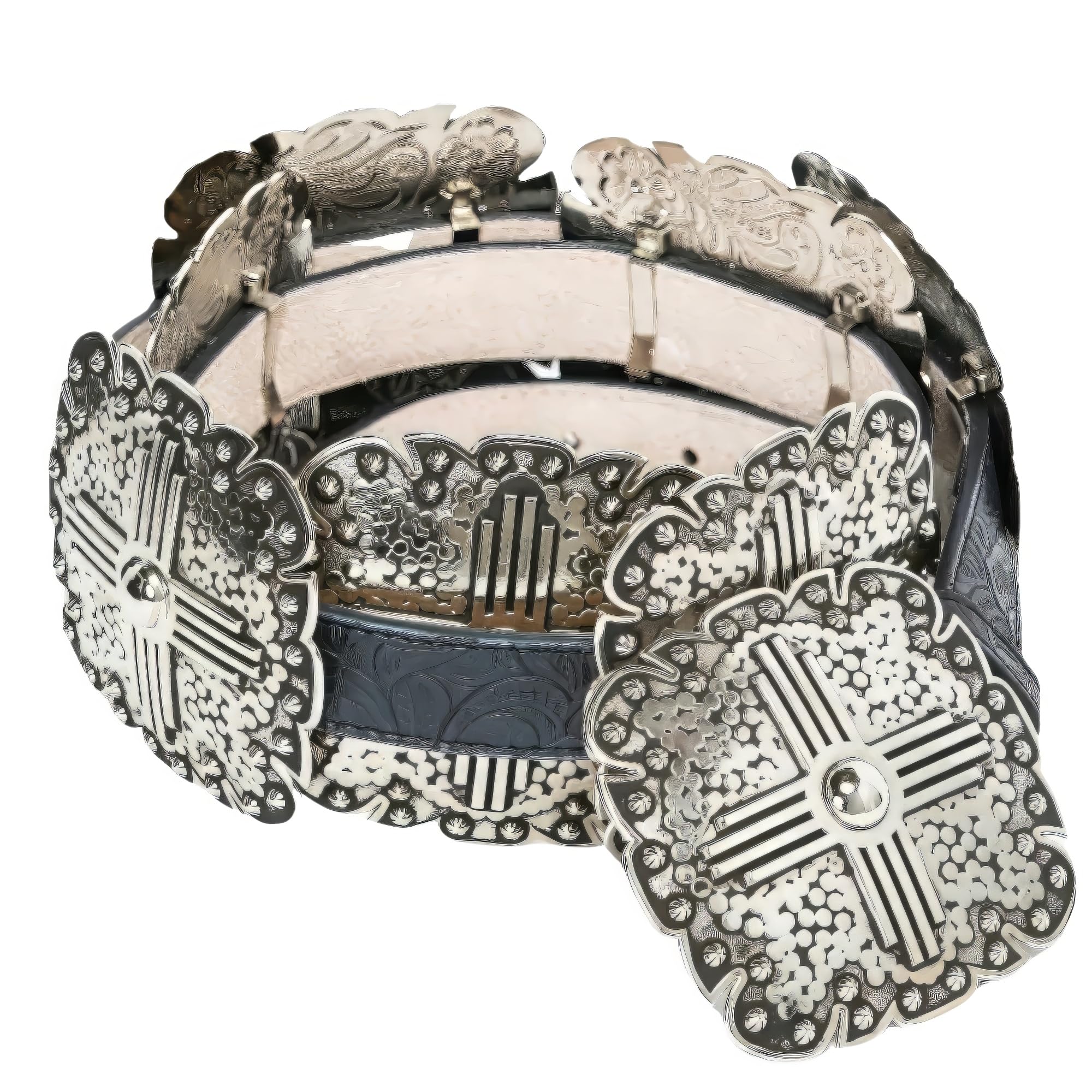 Angel Ranch Ladies Black Floral Embossed Leather Belt with Antique Silver Tone Square Conchos, Removable Buckle, Small