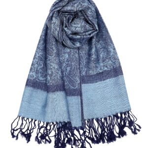 Achillea Two Tone Vintage Jacquard Paisley Pashmina Shawl Wrap Scarf (Steel Blue)