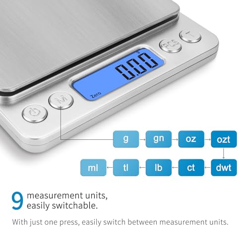 Toprime Digital Gram Scale 500g 0.01g Food Scale High Precision Kitchen Scale Multifunctional Stainless Steel Pocket Scale with Back-Lit LCD Display Tare PCS Features Silver