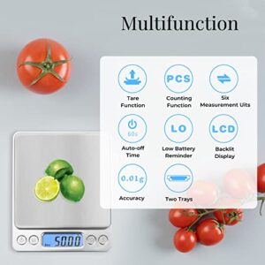 Toprime Digital Gram Scale 500g 0.01g Food Scale High Precision Kitchen Scale Multifunctional Stainless Steel Pocket Scale with Back-Lit LCD Display Tare PCS Features Silver