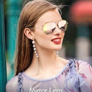 LUENX Aviator Sunglasses for Women Polarized - Driving Trendy Sun Glasses UV 400 Protection Pink Mirror Lens Gold Frame 60mm