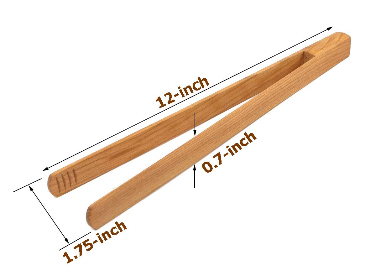 Premium, Cherry Wood Wooden Tong, 12” Long Easy Grip Toaster Wooden Tongs, Bread Tong, Wood Tong Perfect for Toast, Salad, Vegetables, Meat and Grilled Food