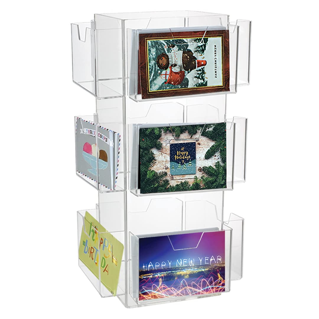 SOURCEONE.ORG Clear Acrylic 12 Pocket Rotating Greeting Cards Display, Holds 7" x 5" Cards