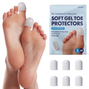 dr. frederick's original soft gel toe protectors for men & women - 6 pieces - toe caps for foot pain relief - flexible cushions - toe sleeves for ingrown toenails, corns, calluses, blisters - medium