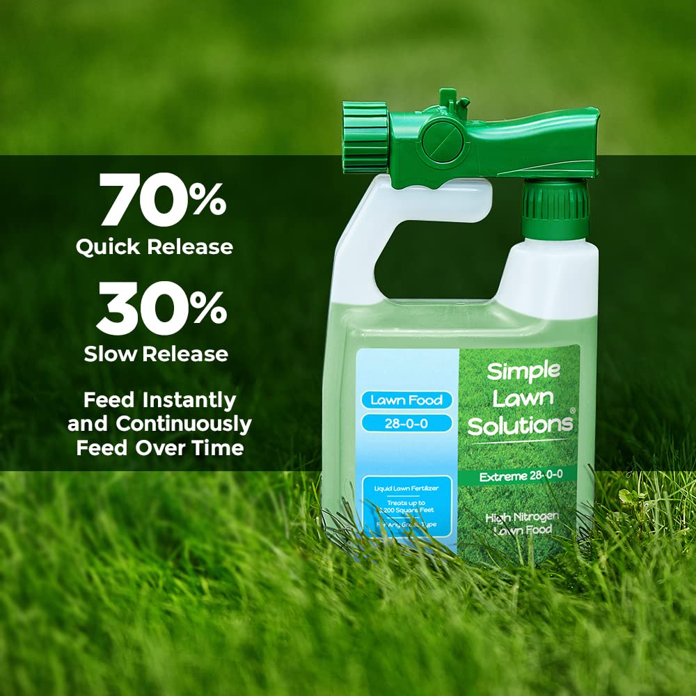 Maximum Green & Growth Fertilizer High Nitrogen 28-0-0 Liquid Lawn Food Spray Spring & Summer- Any Grass Type- Simple Lawn Solutions - Concentrated Quick & Slow Release Attached Sprayer (32 Ounce)