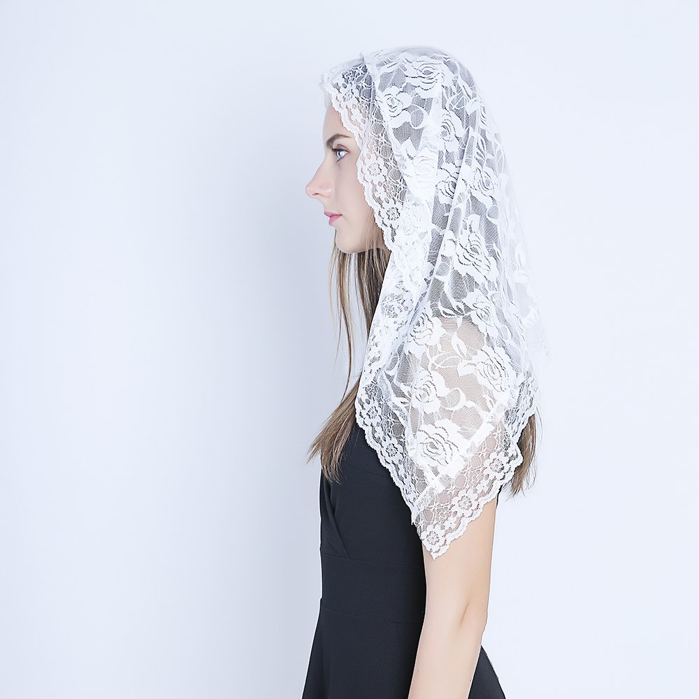 Lace Mantilla Catholic Veil Church Veil Chapel Veil Head Covering Latin Mass (White)