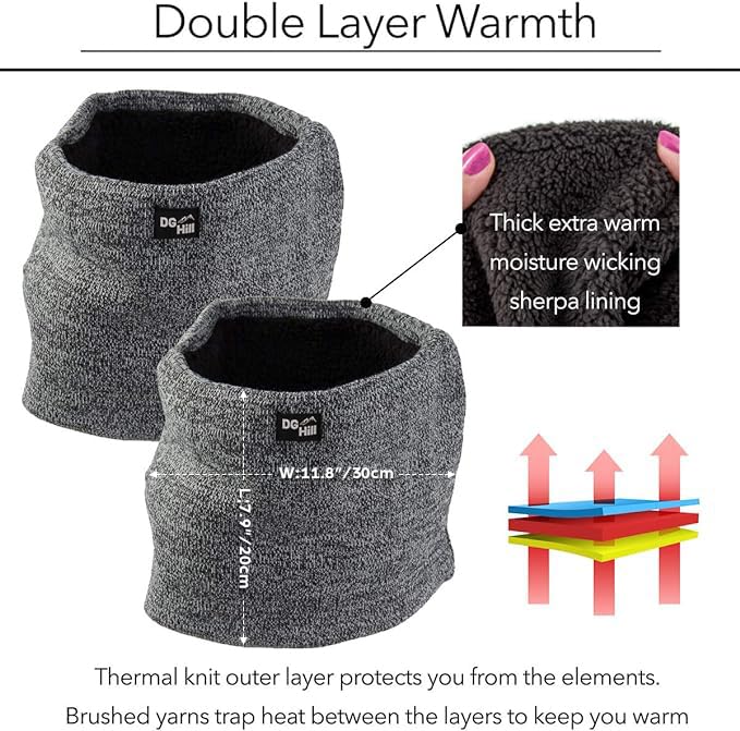 DG Hill Neck Warmer Men Women - 2 Pack Winter Face Mask Thick Thermal - Neck Gaiter Cold Weather Fleece Lined Ski