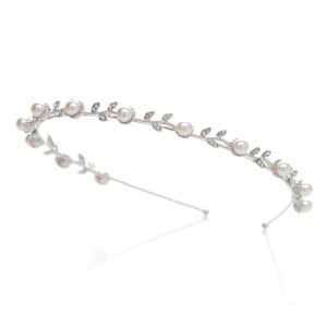 SWEETV Pearl Silver Bridal Headband-Single Hair Band Tiara Flower Wedding Headpiece Jewelry Bridal Hair Accessoires for Women