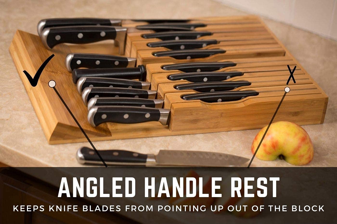 In-Drawer Bamboo Knife Block Holds 16 Knives (Not Included) Without Pointing Up PLUS a Slot for your Knife Sharpener! Noble Home & Chef Knife Organizer Made from Quality Moso Bamboo