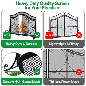 AMAGABELI GARDEN & HOME Fireplace Screen with Doors Large Flat Guard Fire Screens Outdoor Metal Furnace Fireguards Mesh Solid Wrought Iron Fire Place Panels Wood Burning Stove Accessories Black