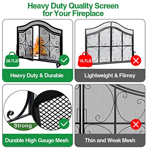 AMAGABELI GARDEN & HOME Fireplace Screen with Doors Large Flat Guard Fire Screens Outdoor Metal Furnace Fireguards Mesh Solid Wrought Iron Fire Place Panels Wood Burning Stove Accessories Black