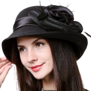 women kentucky church derby dress wedding party feather bucket hat s608-a (black)