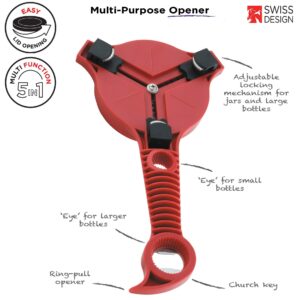 Kuhn Rikon 5-in-1 Multi-Purpose Strain-Free Opener for Jars, Bottles and Ring-Pull Cans, 5 x 10 x 2.25 inches, Red