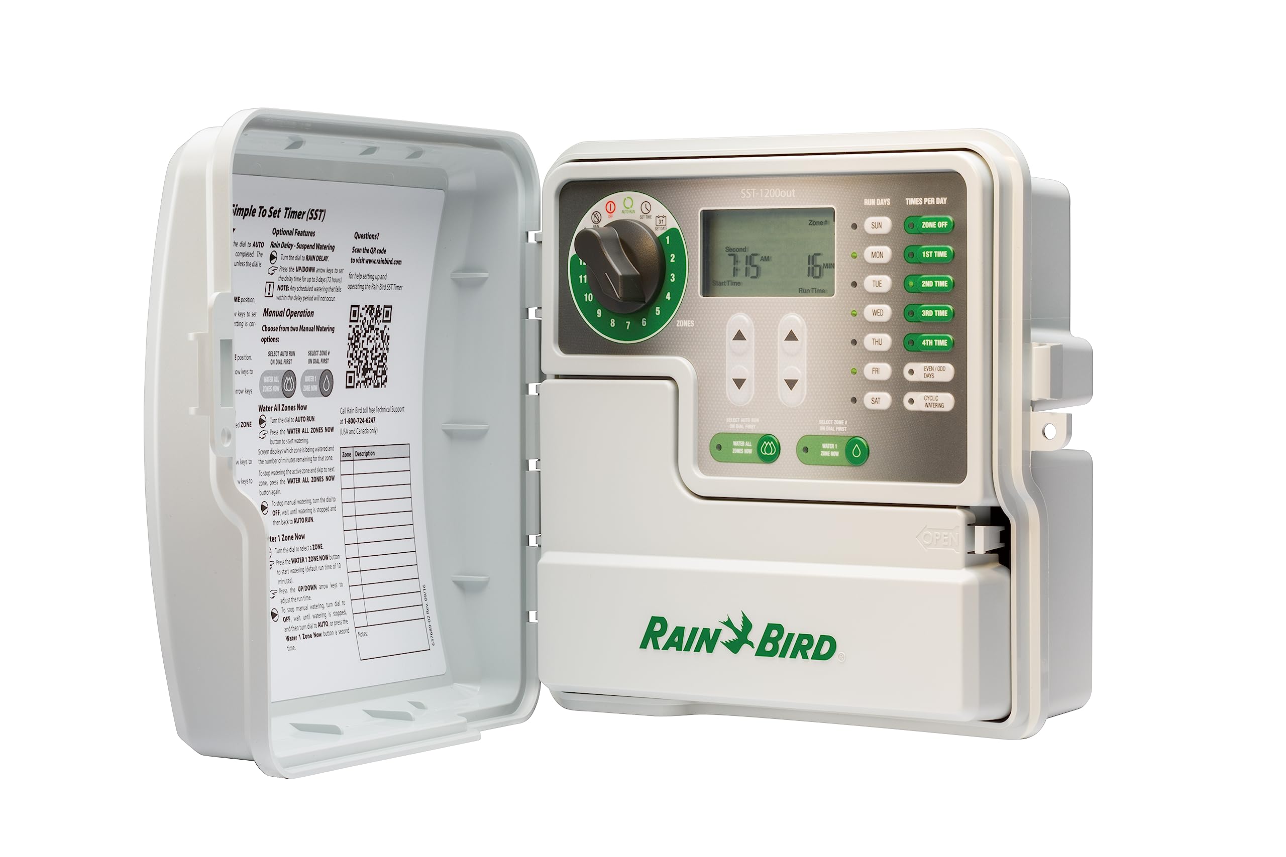 Rain Bird SST1200OUT Simple-to-Set Indoor/Outdoor Sprinkler/Irrigation Timer/Controller, 12-Zone/Station (this New/Improved Model Replaces SST1200O),Gray/Green