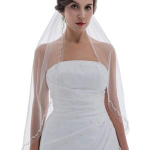 SAMKY 1T 1 Tier Offset Flower Vine Edge Crystal Pearl Veil - Light Ivory Fingertip Length 36" V503