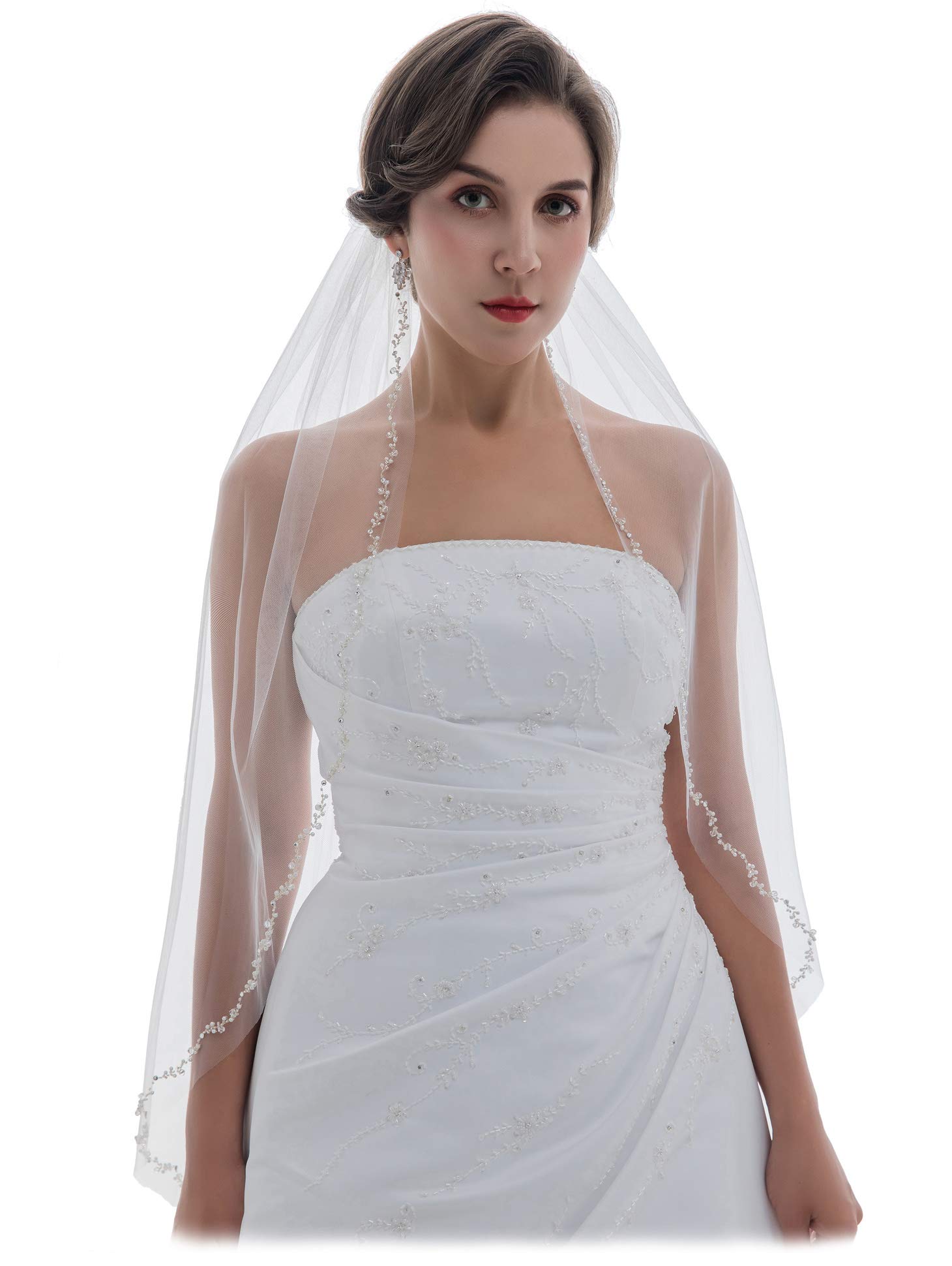 SAMKY 1T 1 Tier Offset Flower Vine Edge Crystal Pearl Veil - Light Ivory Fingertip Length 36" V503