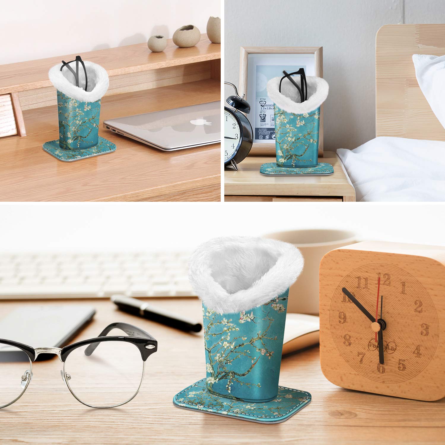 Fintie Plush Lined Eyeglasses Holder with Magnetic Base- Premium Vegan Leather Glasses Stand Case, Blossom