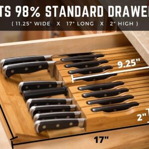 In-Drawer Bamboo Knife Block Holds 16 Knives (Not Included) Without Pointing Up PLUS a Slot for your Knife Sharpener! Noble Home & Chef Knife Organizer Made from Quality Moso Bamboo