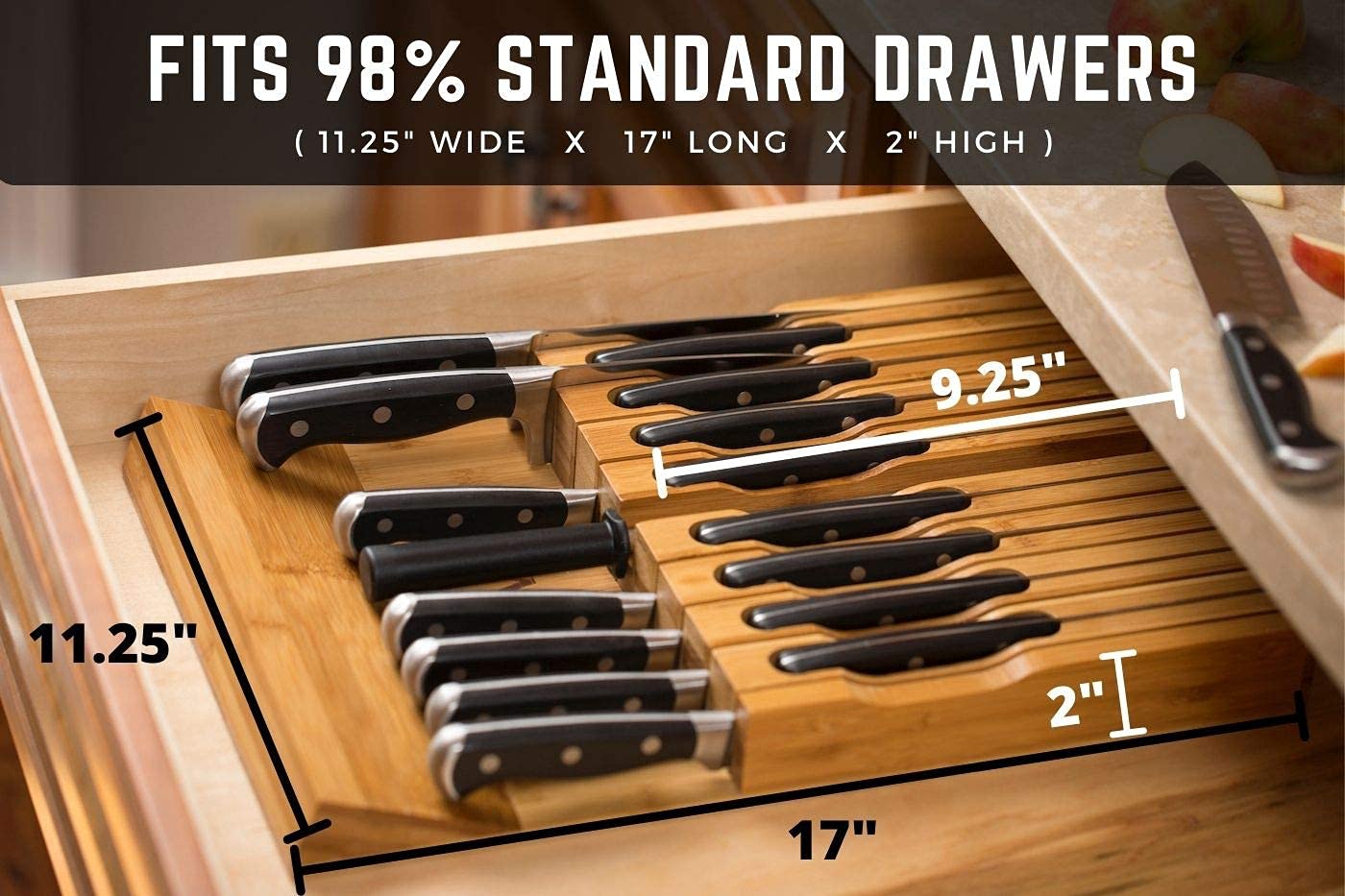 In-Drawer Bamboo Knife Block Holds 16 Knives (Not Included) Without Pointing Up PLUS a Slot for your Knife Sharpener! Noble Home & Chef Knife Organizer Made from Quality Moso Bamboo