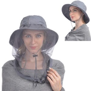 ushake head net hat, safari hat sun hat bucket hat with hidden net mesh grey