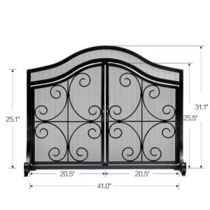 AMAGABELI GARDEN & HOME Fireplace Screen with Doors Large Flat Guard Fire Screens Outdoor Metal Furnace Fireguards Mesh Solid Wrought Iron Fire Place Panels Wood Burning Stove Accessories Black