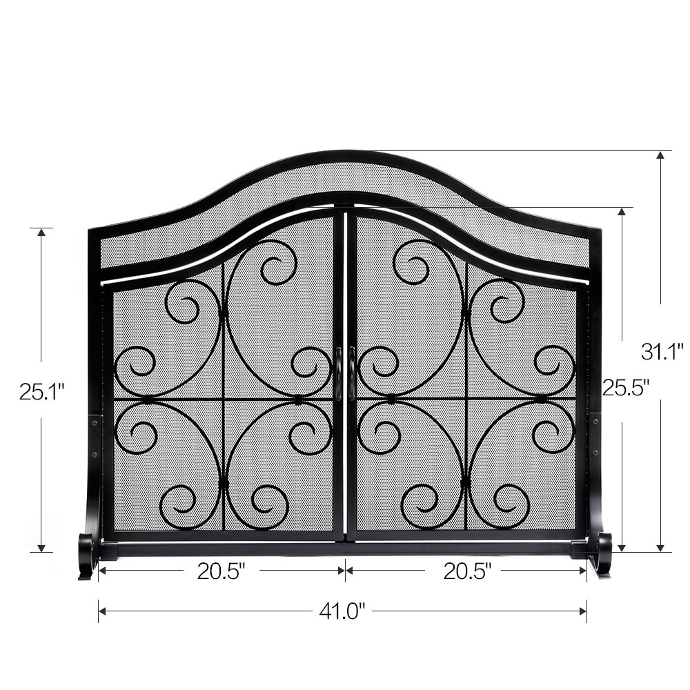 AMAGABELI GARDEN & HOME Fireplace Screen with Doors Large Flat Guard Fire Screens Outdoor Metal Furnace Fireguards Mesh Solid Wrought Iron Fire Place Panels Wood Burning Stove Accessories Black