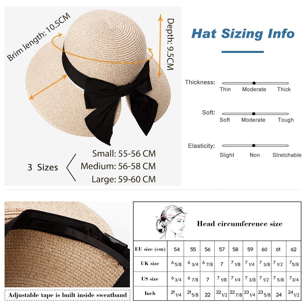 Womens Floppy Summer Sun Beach Straw Hats Accessories Wide Brim SPF 50 Crushable Medium Head Beige