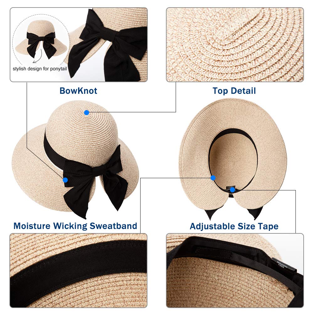 Womens Floppy Summer Sun Beach Straw Hats Accessories Wide Brim SPF 50 Crushable Medium Head Beige