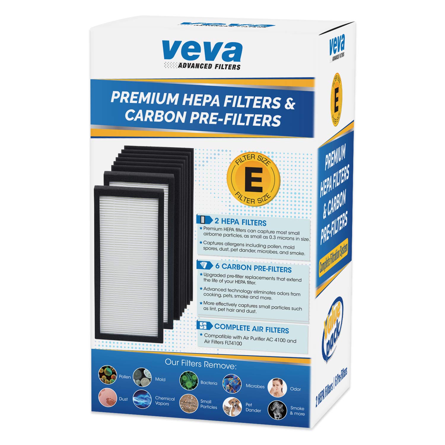 VEVA Premium 2 HEPA Filters and 6 Pack of Pre-Filters compatible with Air Purifier Models AC4100/AC4150BLCA and Replacement FLT4100 Filter E