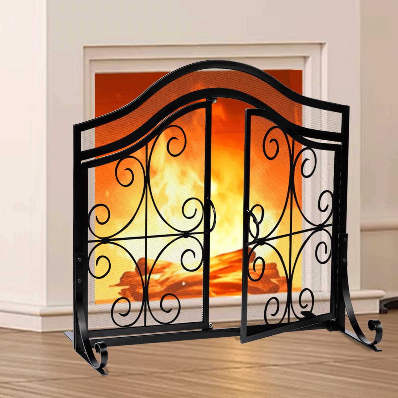 AMAGABELI GARDEN & HOME Fireplace Screen with Doors Large Flat Guard Fire Screens Outdoor Metal Furnace Fireguards Mesh Solid Wrought Iron Fire Place Panels Wood Burning Stove Accessories Black