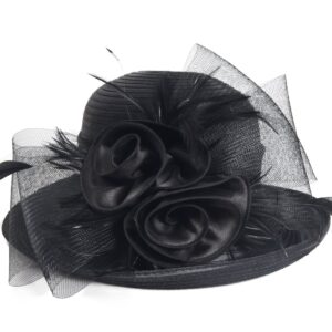 Women Kentucky Church Derby Dress Wedding Party Feather Bucket Hat S608-A (Black)