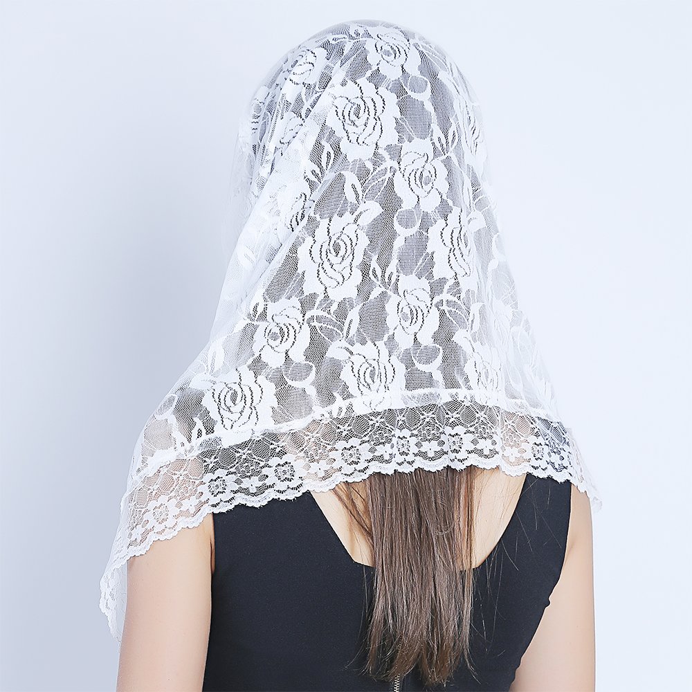 Lace Mantilla Catholic Veil Church Veil Chapel Veil Head Covering Latin Mass (White)