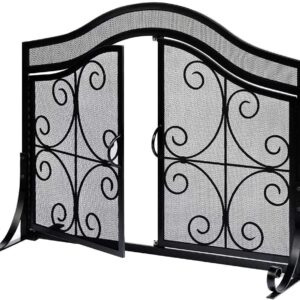 AMAGABELI GARDEN & HOME Fireplace Screen with Doors Large Flat Guard Fire Screens Outdoor Metal Furnace Fireguards Mesh Solid Wrought Iron Fire Place Panels Wood Burning Stove Accessories Black