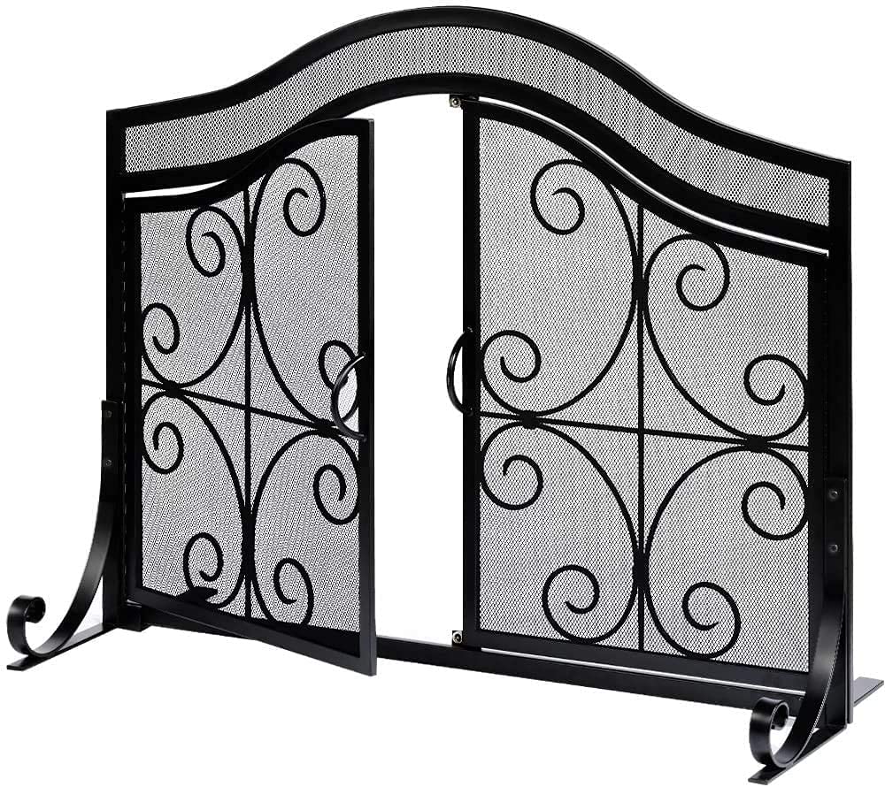 AMAGABELI GARDEN & HOME Fireplace Screen with Doors Large Flat Guard Fire Screens Outdoor Metal Furnace Fireguards Mesh Solid Wrought Iron Fire Place Panels Wood Burning Stove Accessories Black