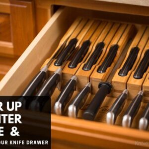 In-Drawer Bamboo Knife Block Holds 16 Knives (Not Included) Without Pointing Up PLUS a Slot for your Knife Sharpener! Noble Home & Chef Knife Organizer Made from Quality Moso Bamboo