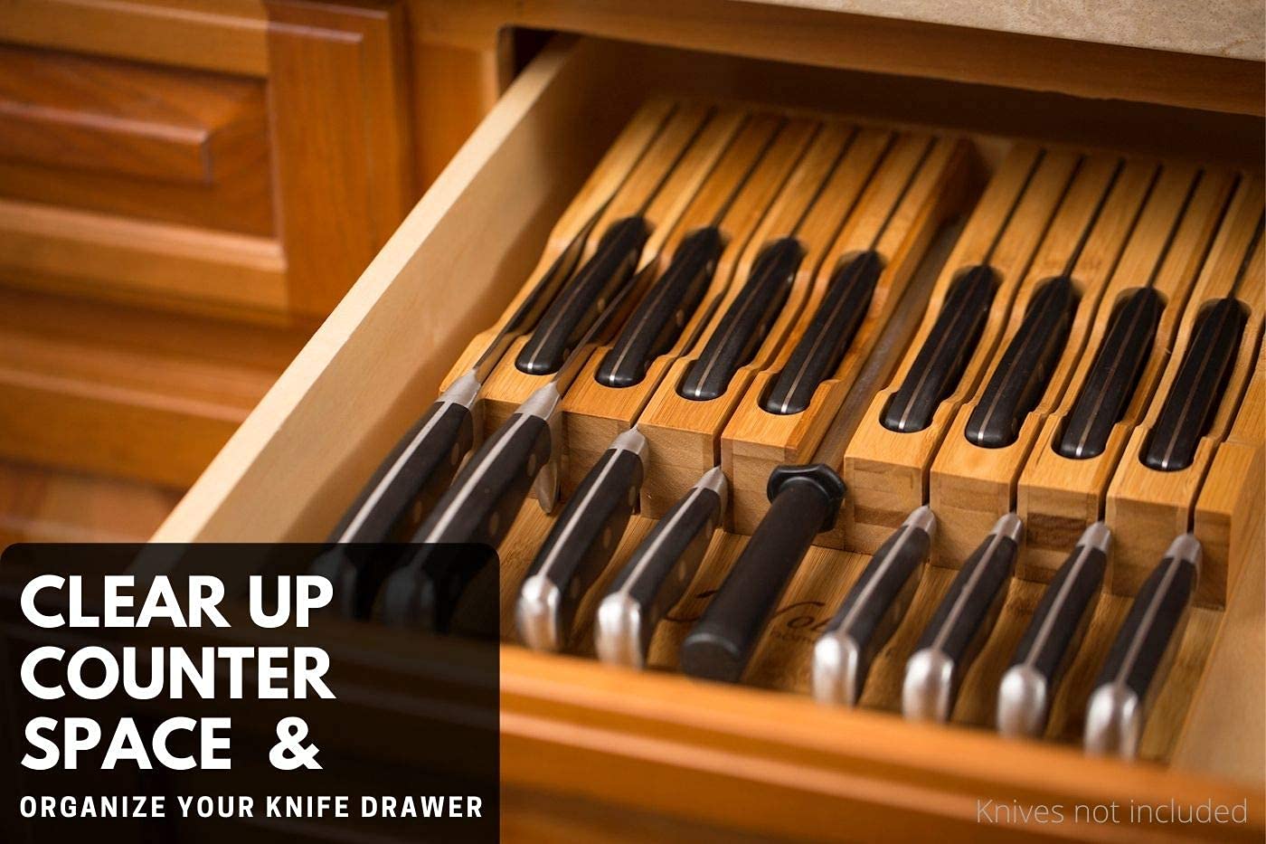 In-Drawer Bamboo Knife Block Holds 16 Knives (Not Included) Without Pointing Up PLUS a Slot for your Knife Sharpener! Noble Home & Chef Knife Organizer Made from Quality Moso Bamboo