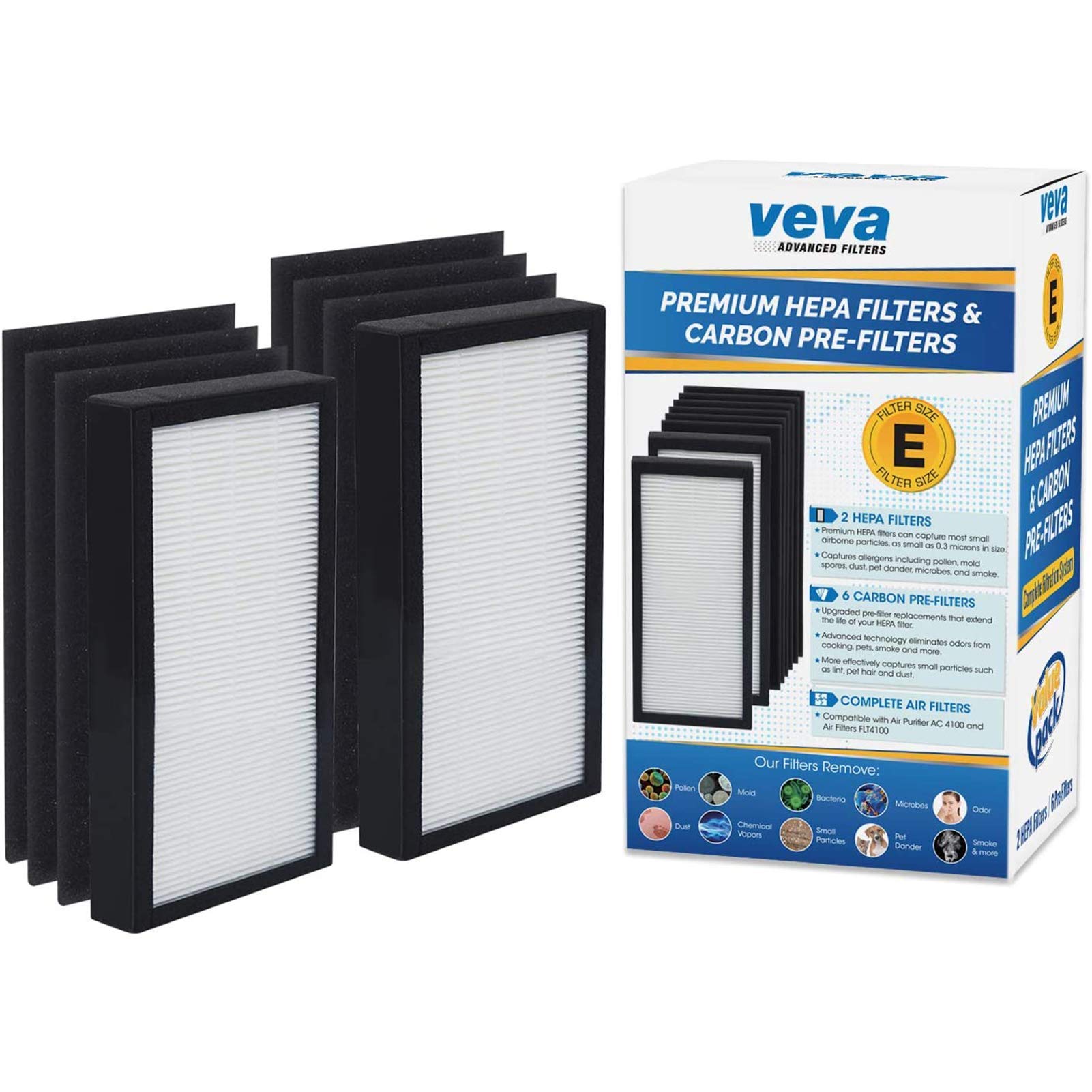 VEVA Premium 2 HEPA Filters and 6 Pack of Pre-Filters compatible with Air Purifier Models AC4100/AC4150BLCA and Replacement FLT4100 Filter E