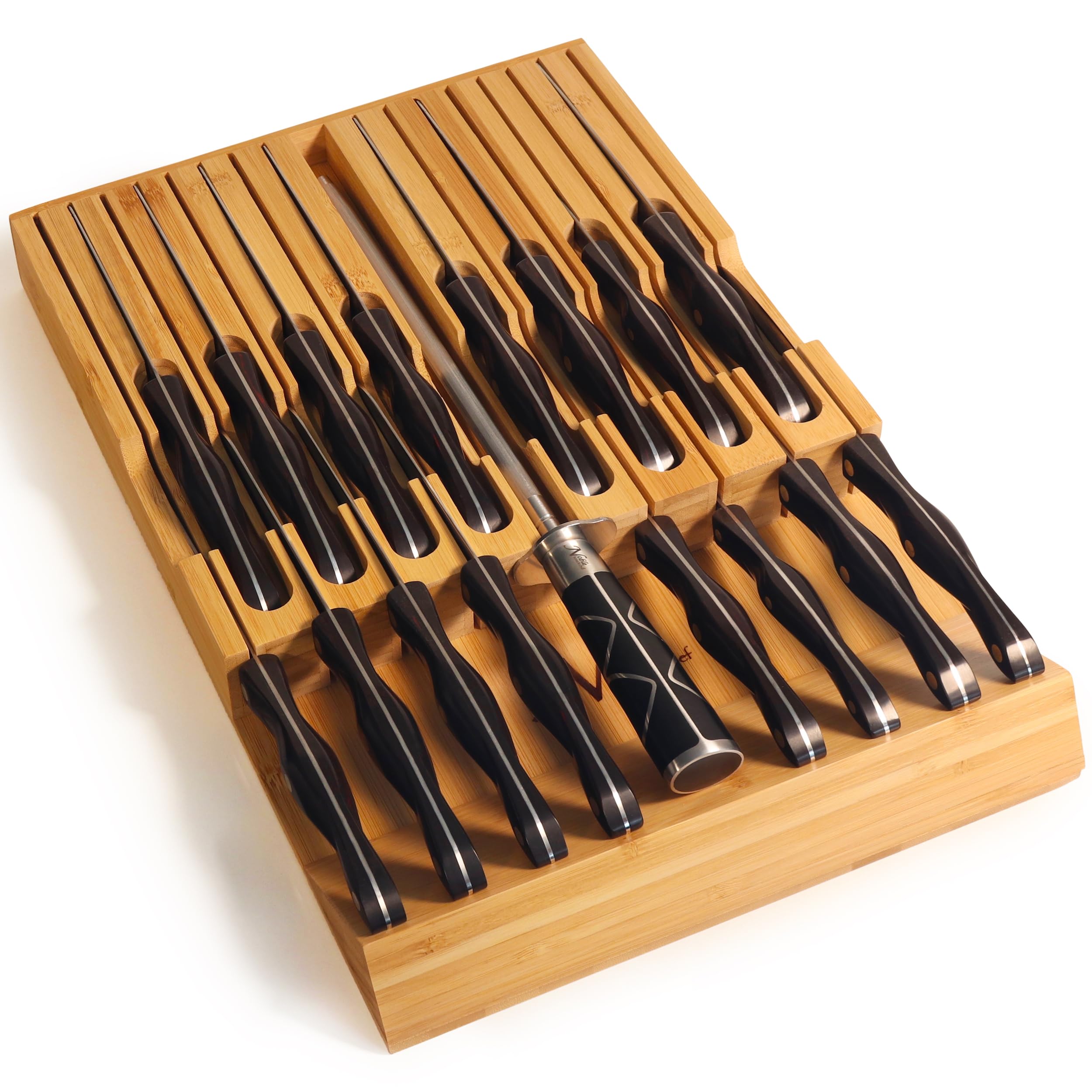 In-Drawer Bamboo Knife Block Holds 16 Knives (Not Included) Without Pointing Up PLUS a Slot for your Knife Sharpener! Noble Home & Chef Knife Organizer Made from Quality Moso Bamboo