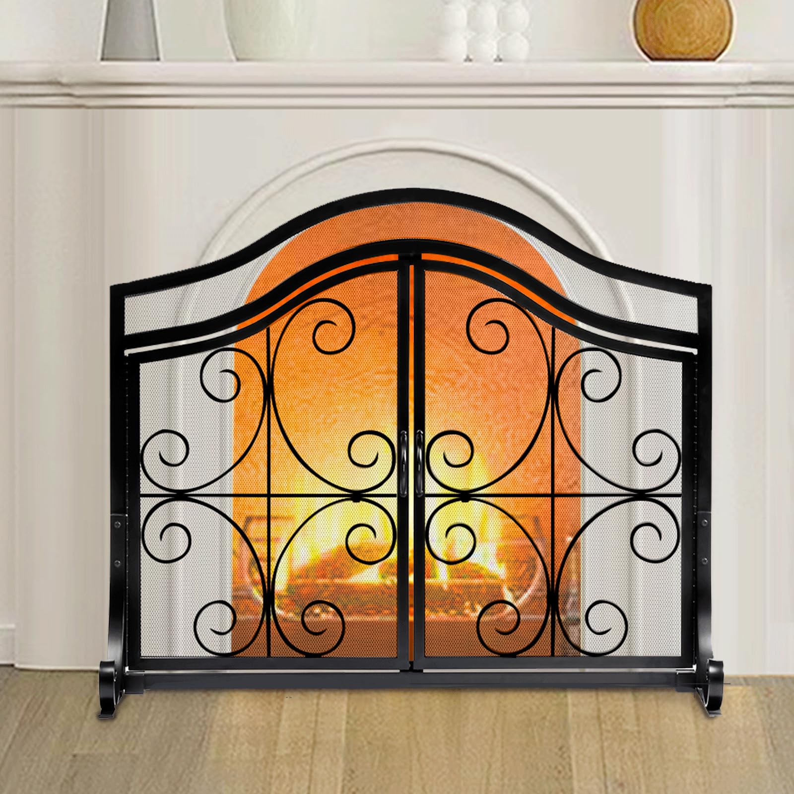 AMAGABELI GARDEN & HOME Fireplace Screen with Doors Large Flat Guard Fire Screens Outdoor Metal Furnace Fireguards Mesh Solid Wrought Iron Fire Place Panels Wood Burning Stove Accessories Black