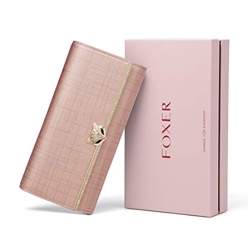 Leather Trifold Wallets for Women, Genuine Leather Gift Box Packing Ladies Designer Clutch Purses with Zipper Pocket Women's Fashion Long Wallet Credit Card Holders Birthday Valentine Gift (Rose Gold)